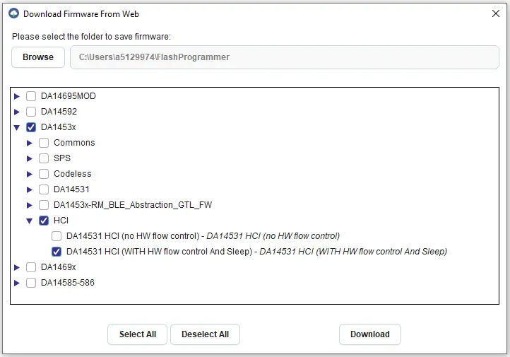 DA14531 HCI Binary File Selection