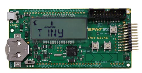 A picture of the EFM32 Tiny Gecko (EFM32TG-STK3300) board