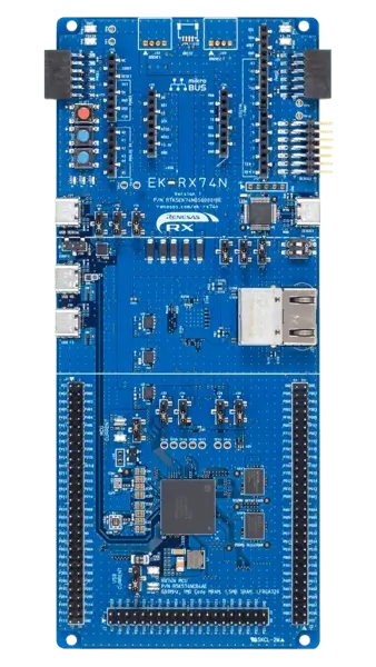 A picture of the RX74N Evaluation Kit board
